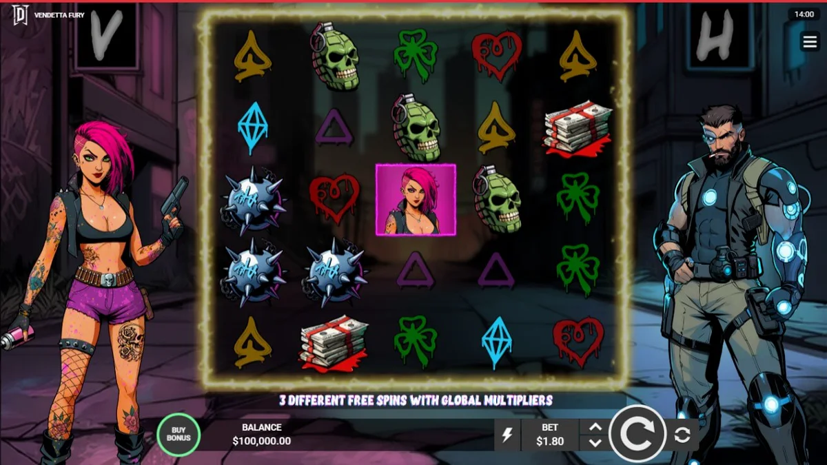 Vendetta Fury slot game neon cyberpunk battlefield interface
